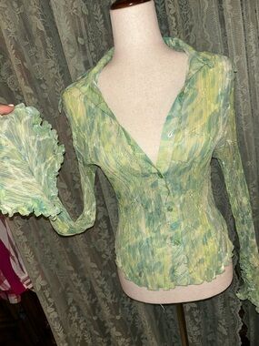 Sheer Crinkle Button-Front Women's Top in Lime Green-Yellow Whimsical Sleeves